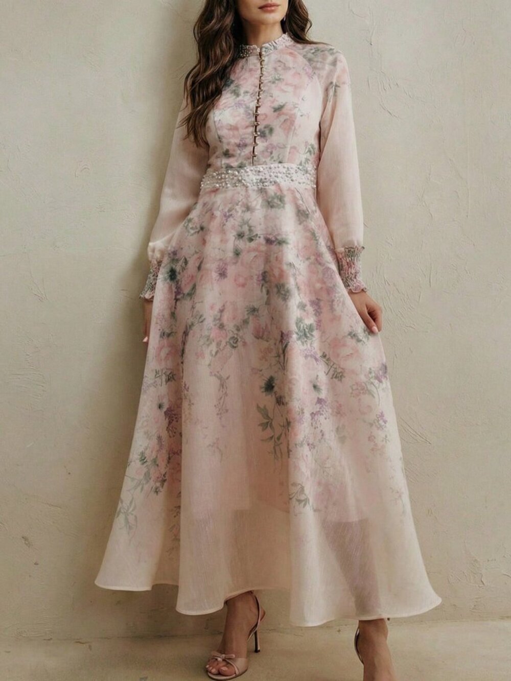 Pink Elegant Women's Floral Ombre Print Mandarin Collar Long Sleeve Dress - Picture 6 of 7